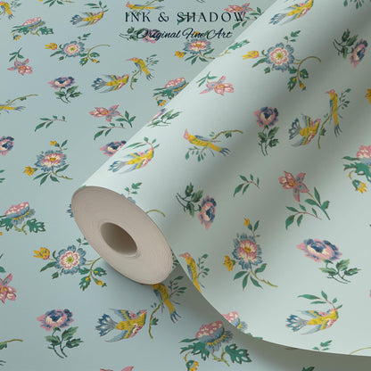 Pastel Chinoiserie Hummingbird Wallpaper | French Provincial Robin's Egg Blue Background Rococo Peel and Stick Grandmillenial Heirloom Art