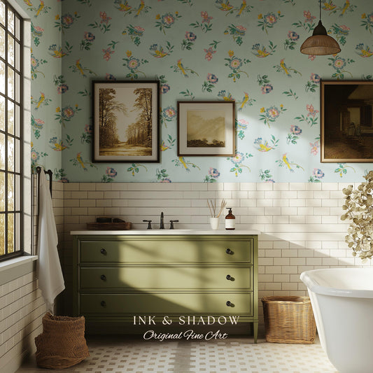 Pastel Chinoiserie Hummingbird Wallpaper | French Provincial Robin's Egg Blue Background Rococo Peel and Stick Grandmillenial Heirloom Art
