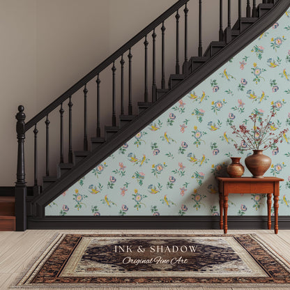 Pastel Chinoiserie Hummingbird Wallpaper | French Provincial Robin's Egg Blue Background Rococo Peel and Stick Grandmillenial Heirloom Art