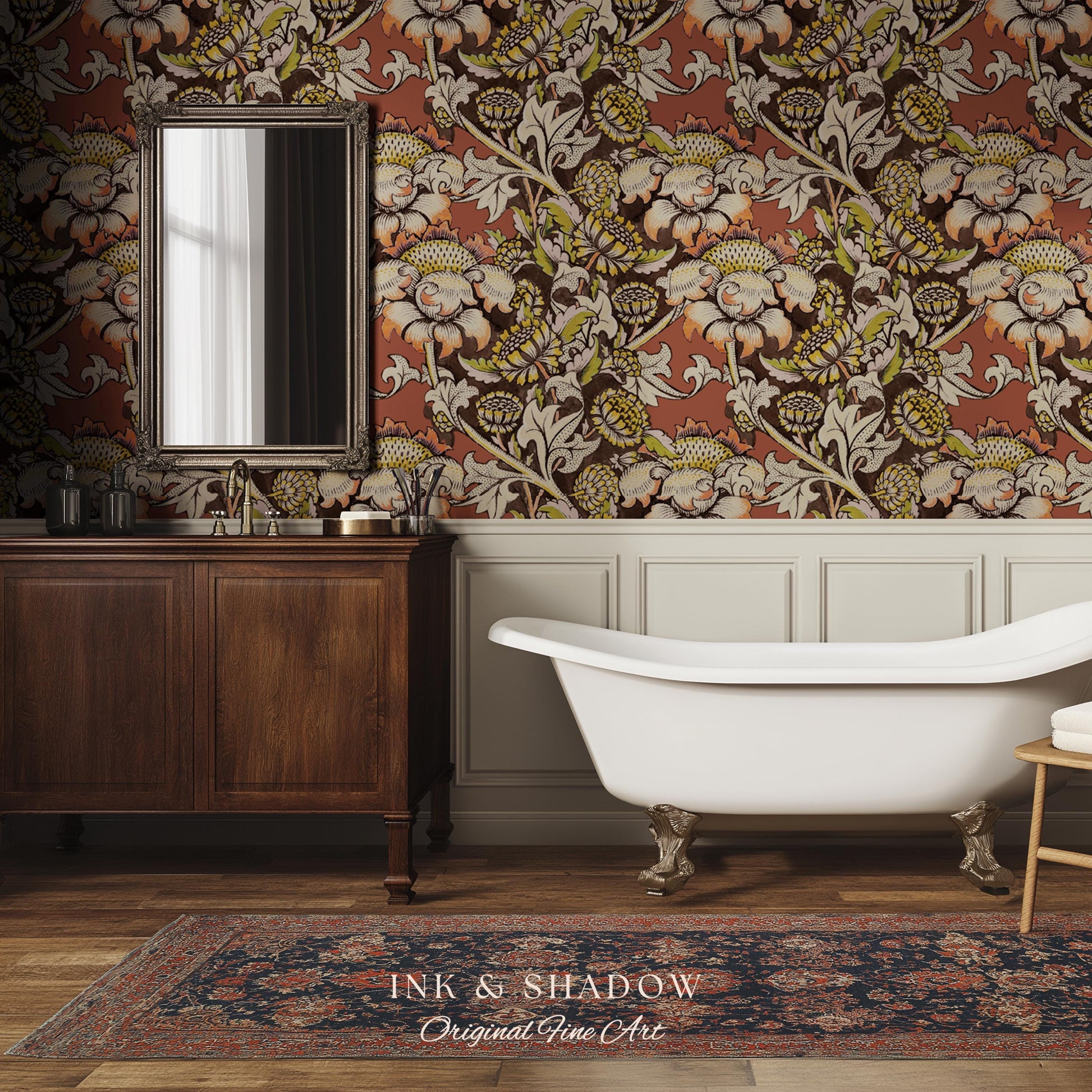 Autumn Maximalist Old-World Wallpaper | Library English Decorative Textile William Morris Bedroom Renter Friendly Arts and Crafts Design