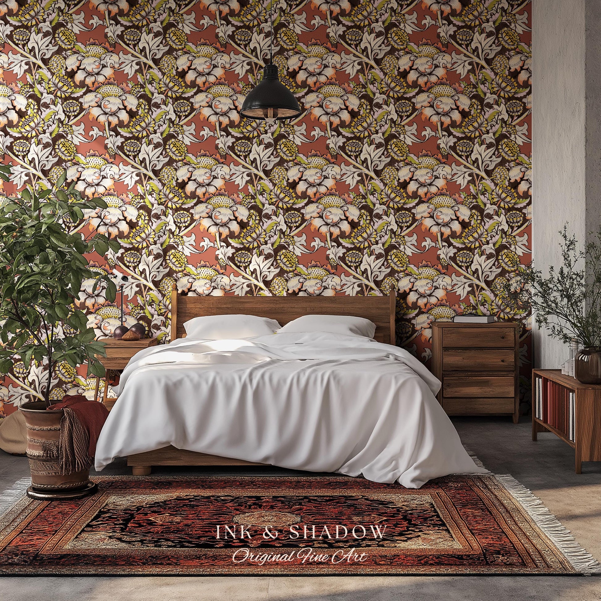 Autumn Maximalist Old-World Wallpaper | Library English Decorative Textile William Morris Bedroom Renter Friendly Arts and Crafts Design