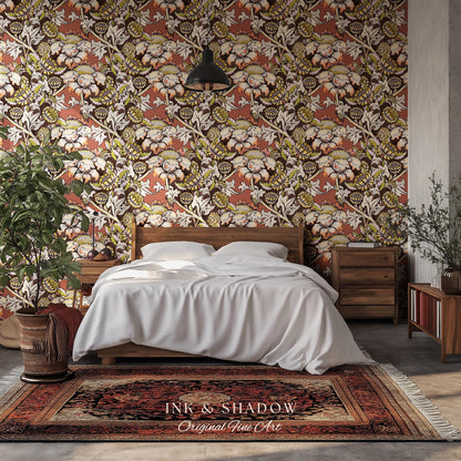 Autumn Maximalist Old-World Wallpaper | Library English Decorative Textile William Morris Bedroom Renter Friendly Arts and Crafts Design