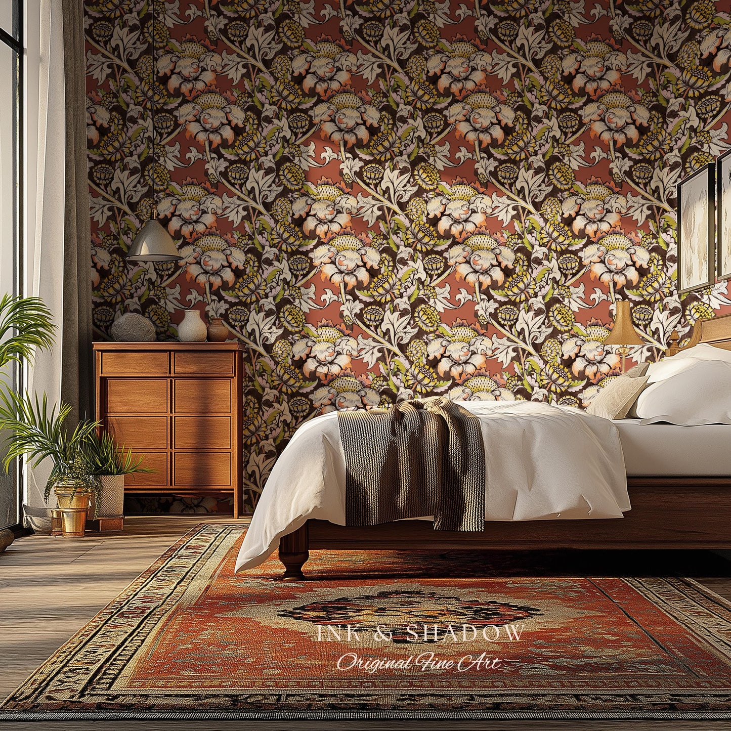 Autumn Maximalist Old-World Wallpaper | Library English Decorative Textile William Morris Bedroom Renter Friendly Arts and Crafts Design