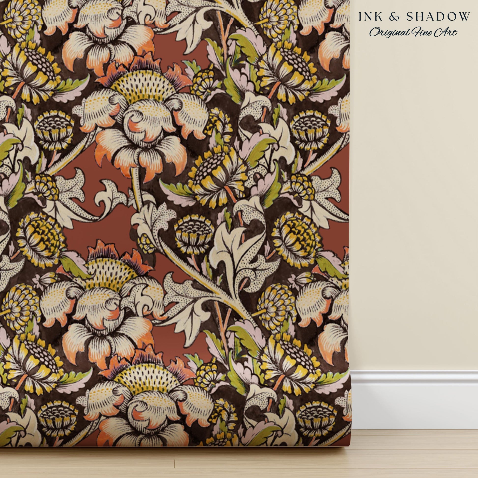 Autumn Maximalist Old-World Wallpaper | Library English Decorative Textile William Morris Bedroom Renter Friendly Arts and Crafts Design