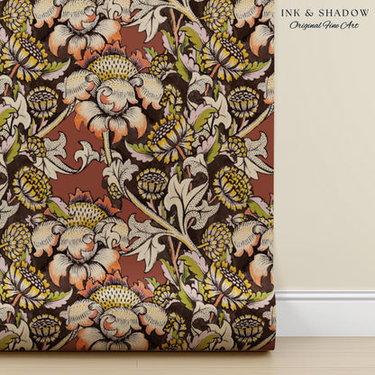 Autumn Maximalist Old-World Wallpaper | Library English Decorative Textile William Morris Bedroom Renter Friendly Arts and Crafts Design