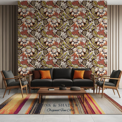 Autumn Maximalist Old-World Wallpaper | Library English Decorative Textile William Morris Bedroom Renter Friendly Arts and Crafts Design