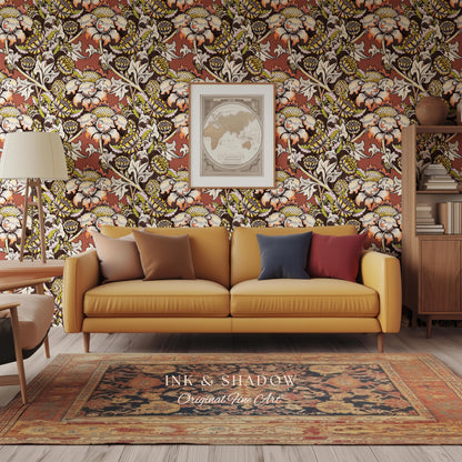 Autumn Maximalist Old-World Wallpaper | Library English Decorative Textile William Morris Bedroom Renter Friendly Arts and Crafts Design