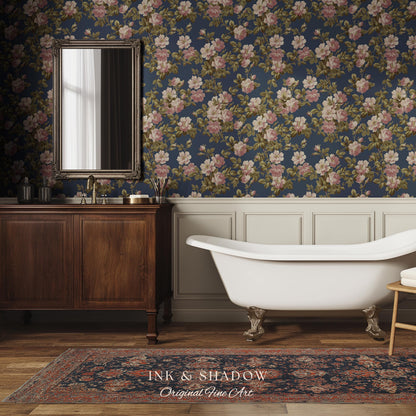 Traditional Cottage Rose Wallpaper | Soft Clustered Florals English Country Bedroom 19th Century Parlor Room Renter Friendly Chintz Wall