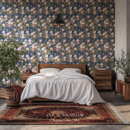 Traditional Cottage Rose Wallpaper | Soft Clustered Florals English Country Bedroom 19th Century Parlor Room Renter Friendly Chintz Wall