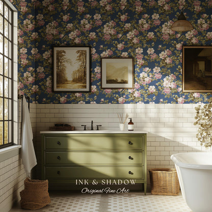 Traditional Cottage Rose Wallpaper | Soft Clustered Florals English Country Bedroom 19th Century Parlor Room Renter Friendly Chintz Wall