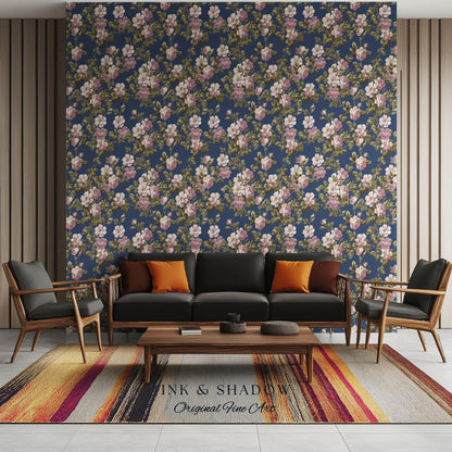 Traditional Cottage Rose Wallpaper | Soft Clustered Florals English Country Bedroom 19th Century Parlor Room Renter Friendly Chintz Wall