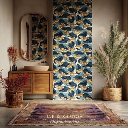 Naturalist Moth Print Wallpaper | Maximalist Blue Butterfly Wall Art Nouveau Peel and Stick Decor Museum Aesthetic Renter Friendly Floral