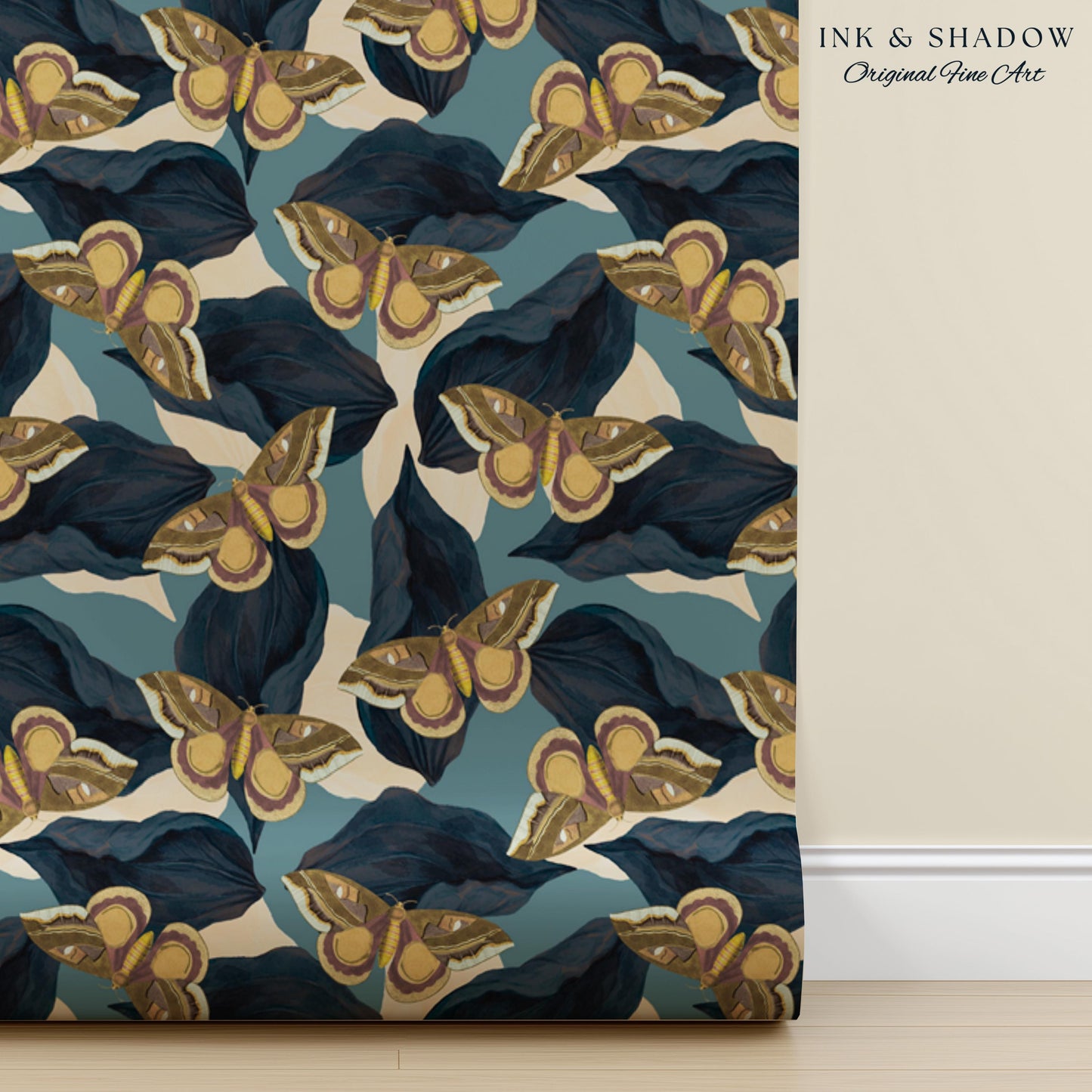 Naturalist Moth Print Wallpaper | Maximalist Blue Butterfly Wall Art Nouveau Peel and Stick Decor Museum Aesthetic Renter Friendly Floral
