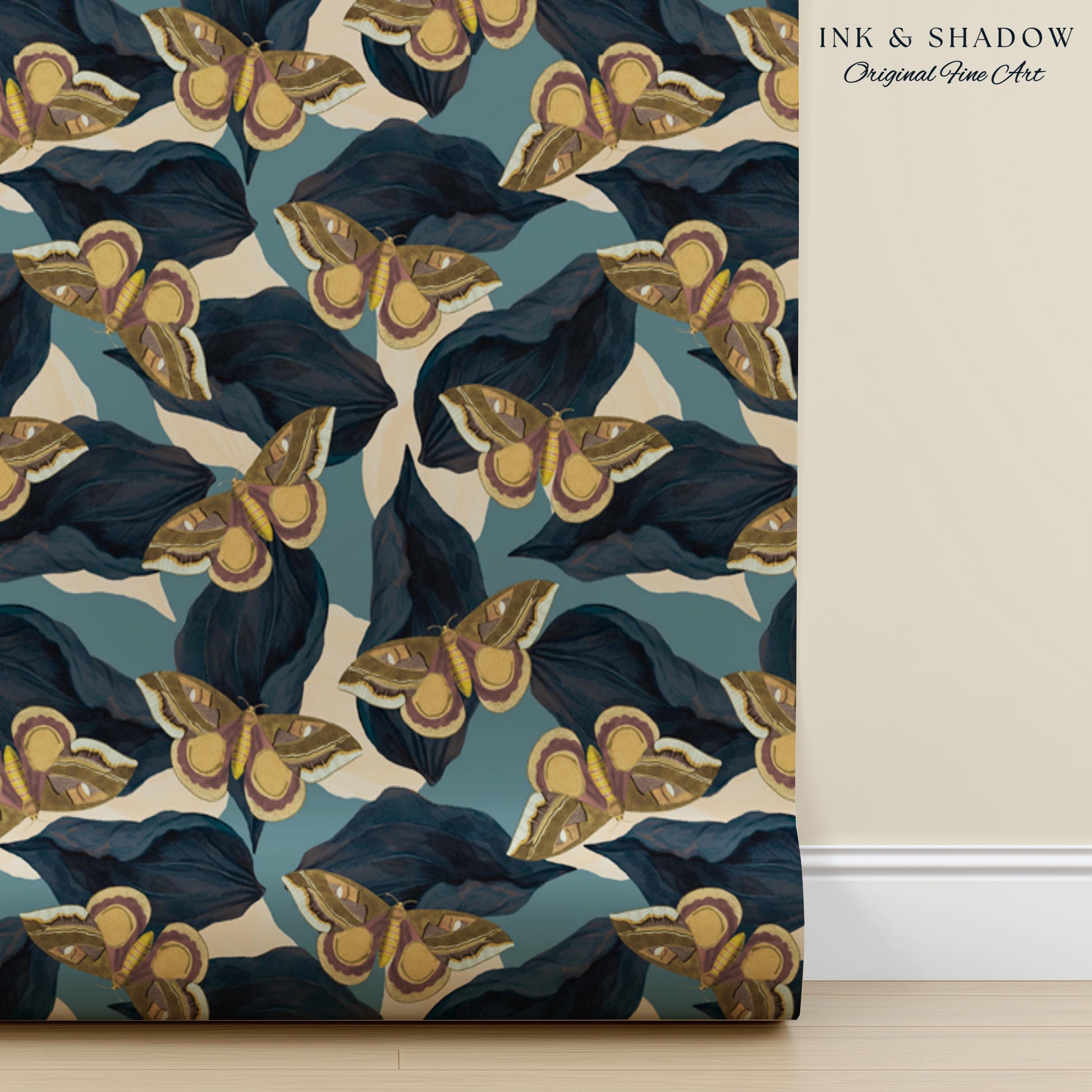 Naturalist Moth Print Wallpaper | Maximalist Blue Butterfly Wall Art Nouveau Peel and Stick Decor Museum Aesthetic Renter Friendly Floral