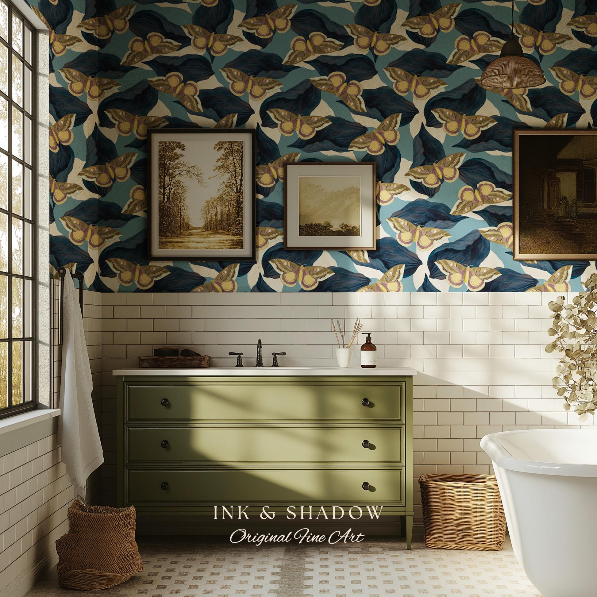 Naturalist Moth Print Wallpaper | Maximalist Blue Butterfly Wall Art Nouveau Peel and Stick Decor Museum Aesthetic Renter Friendly Floral