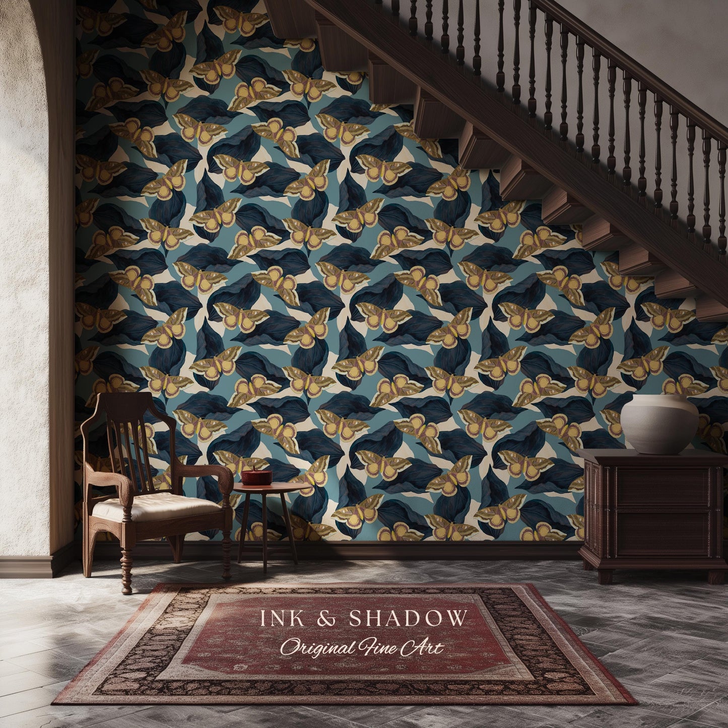 Naturalist Moth Print Wallpaper | Maximalist Blue Butterfly Wall Art Nouveau Peel and Stick Decor Museum Aesthetic Renter Friendly Floral