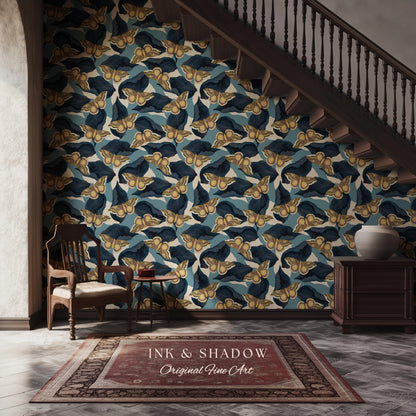 Naturalist Moth Print Wallpaper | Maximalist Blue Butterfly Wall Art Nouveau Peel and Stick Decor Museum Aesthetic Renter Friendly Floral