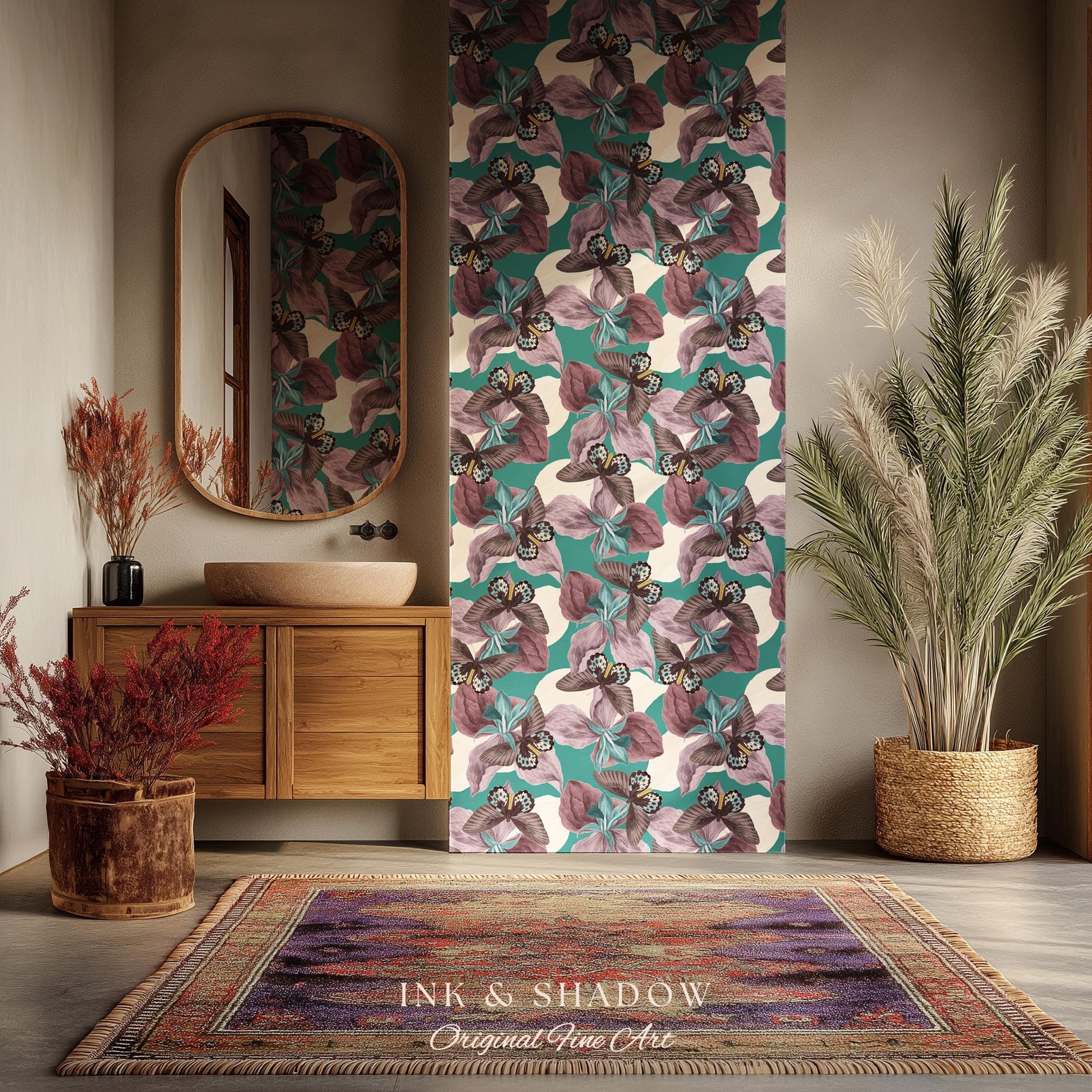 Tropical Fauna Jewel-Toned Wallpaper | Color Blocking Wall Art Maximalist Butterfly Home Accent Bold Botanical Exotica Teal Peel and Stick