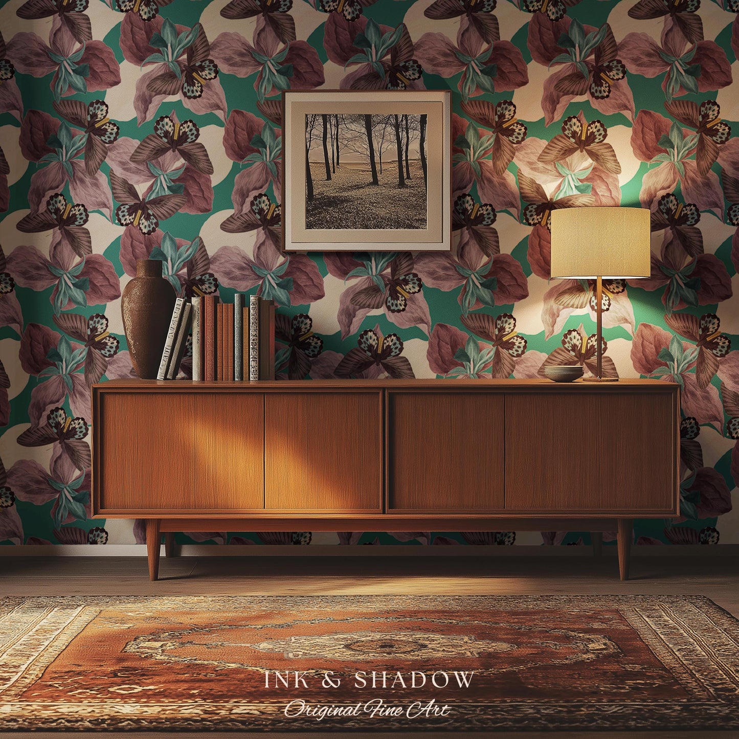 Tropical Fauna Jewel-Toned Wallpaper | Color Blocking Wall Art Maximalist Butterfly Home Accent Bold Botanical Exotica Teal Peel and Stick