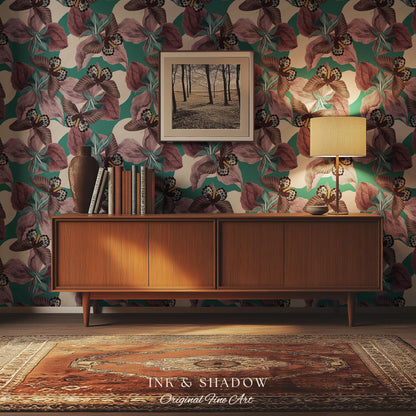 Tropical Fauna Jewel-Toned Wallpaper | Color Blocking Wall Art Maximalist Butterfly Home Accent Bold Botanical Exotica Teal Peel and Stick