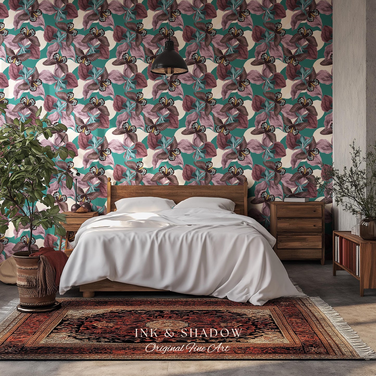 Tropical Fauna Jewel-Toned Wallpaper | Color Blocking Wall Art Maximalist Butterfly Home Accent Bold Botanical Exotica Teal Peel and Stick