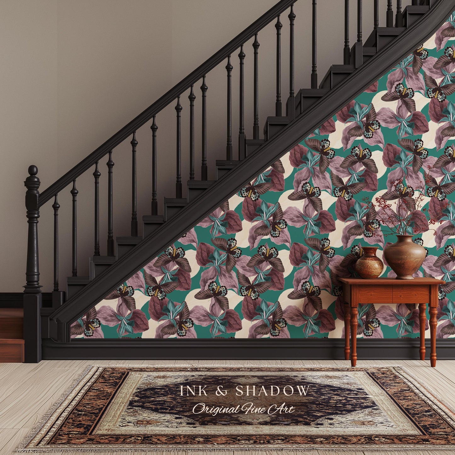 Tropical Fauna Jewel-Toned Wallpaper | Color Blocking Wall Art Maximalist Butterfly Home Accent Bold Botanical Exotica Teal Peel and Stick