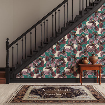 Tropical Fauna Jewel-Toned Wallpaper | Color Blocking Wall Art Maximalist Butterfly Home Accent Bold Botanical Exotica Teal Peel and Stick