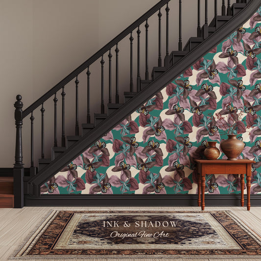 Tropical Fauna Jewel-Toned Wallpaper | Color Blocking Wall Art Maximalist Butterfly Home Accent Bold Botanical Exotica Teal Peel and Stick