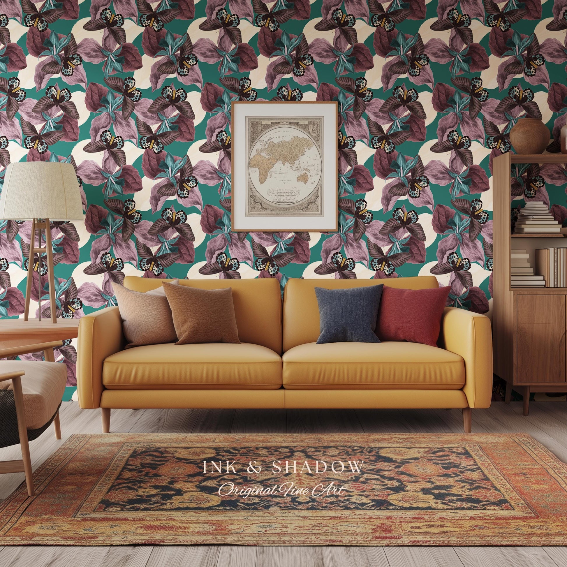Tropical Fauna Jewel-Toned Wallpaper | Color Blocking Wall Art Maximalist Butterfly Home Accent Bold Botanical Exotica Teal Peel and Stick