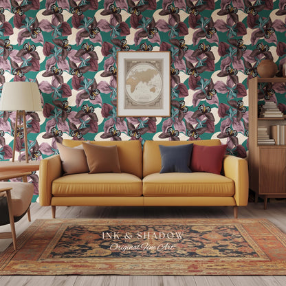 Tropical Fauna Jewel-Toned Wallpaper | Color Blocking Wall Art Maximalist Butterfly Home Accent Bold Botanical Exotica Teal Peel and Stick