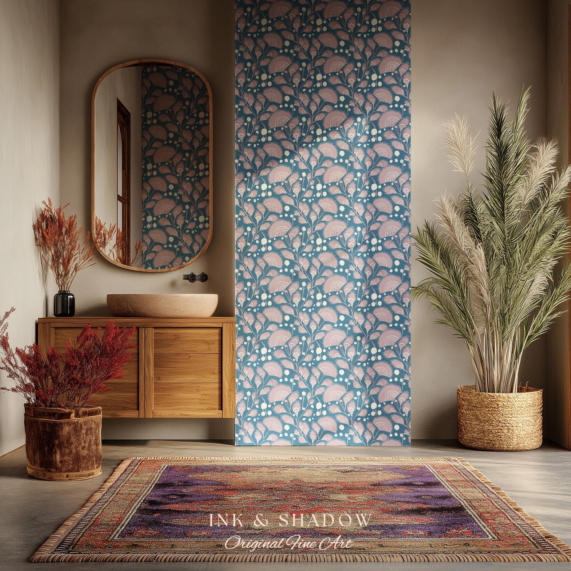 Dusty Blue Scandi Florals Wallpaper | Mid Century Modern Mauve Flowers Renter Friendly Ornamental Maximalist Pastel Feminine Nursery Decor