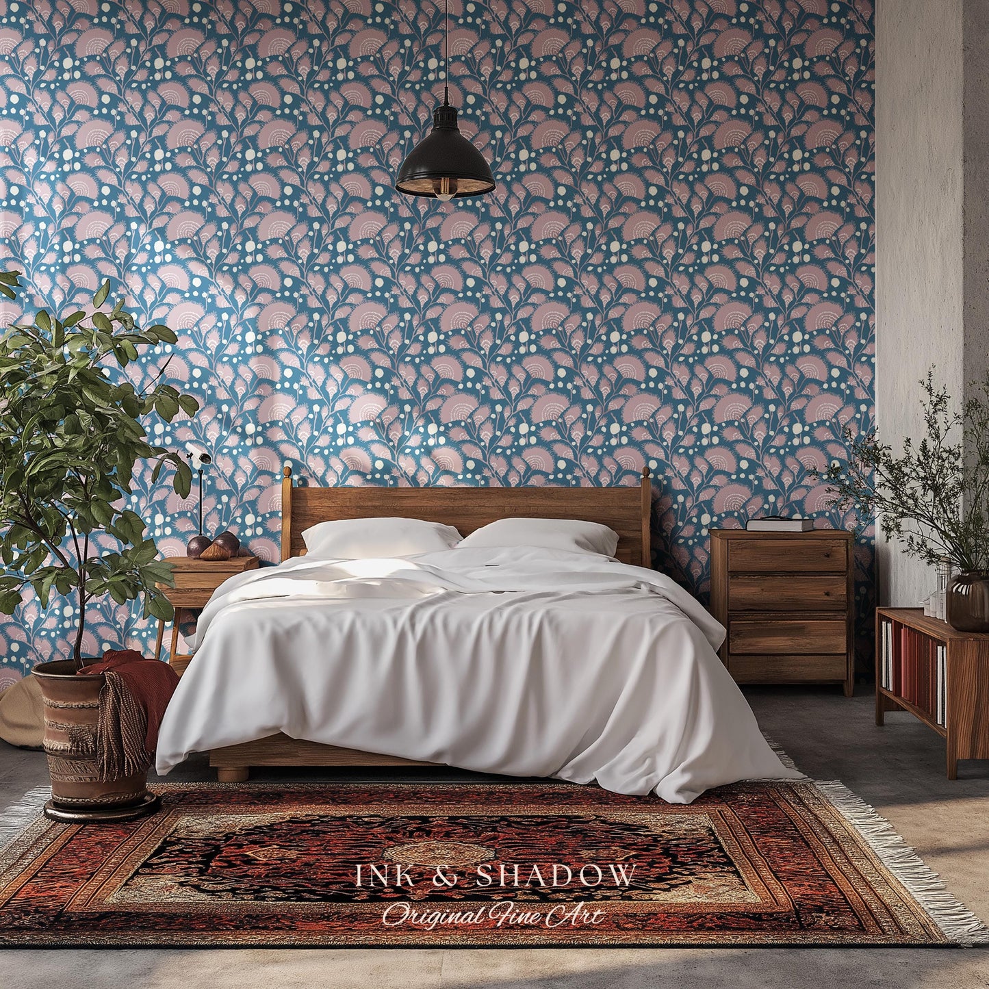 Dusty Blue Scandi Florals Wallpaper | Mid Century Modern Mauve Flowers Renter Friendly Ornamental Maximalist Pastel Feminine Nursery Decor