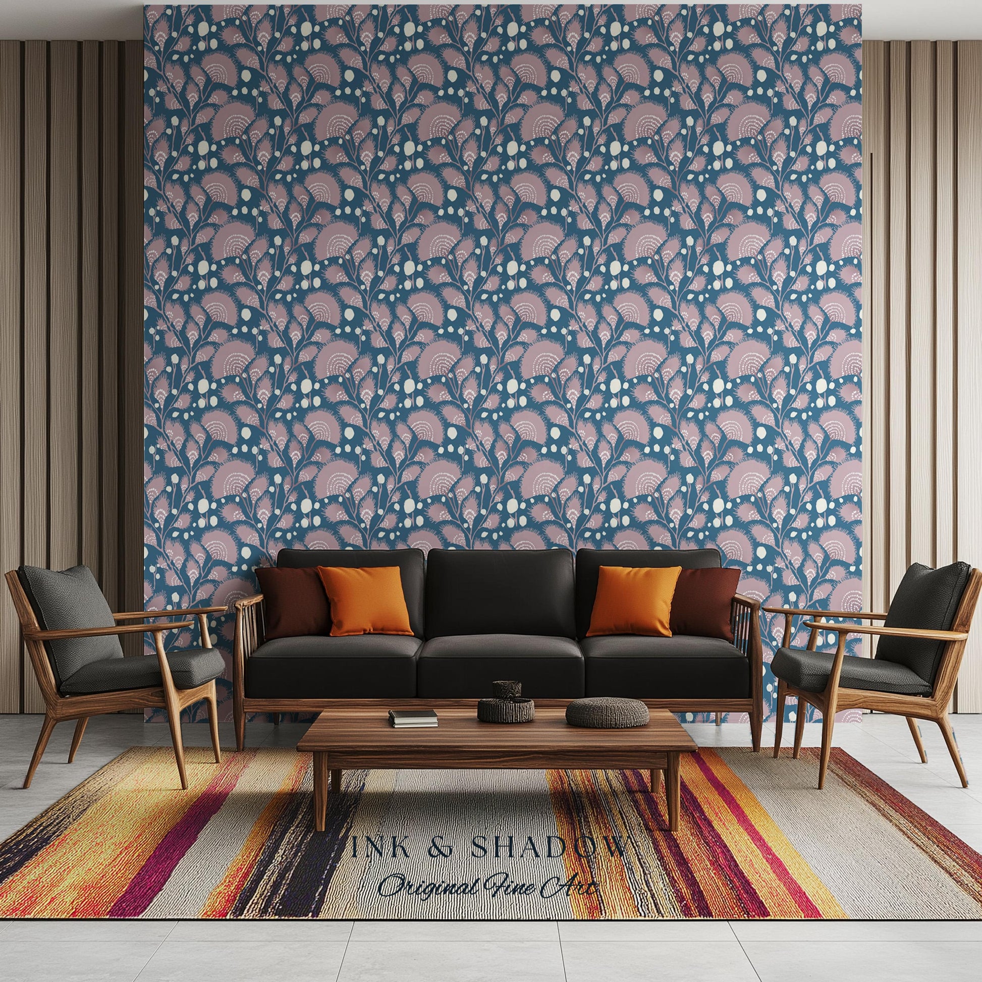 Dusty Blue Scandi Florals Wallpaper | Mid Century Modern Mauve Flowers Renter Friendly Ornamental Maximalist Pastel Feminine Nursery Decor