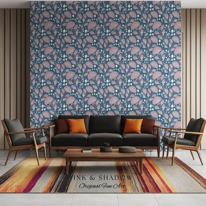Dusty Blue Scandi Florals Wallpaper | Mid Century Modern Mauve Flowers Renter Friendly Ornamental Maximalist Pastel Feminine Nursery Decor