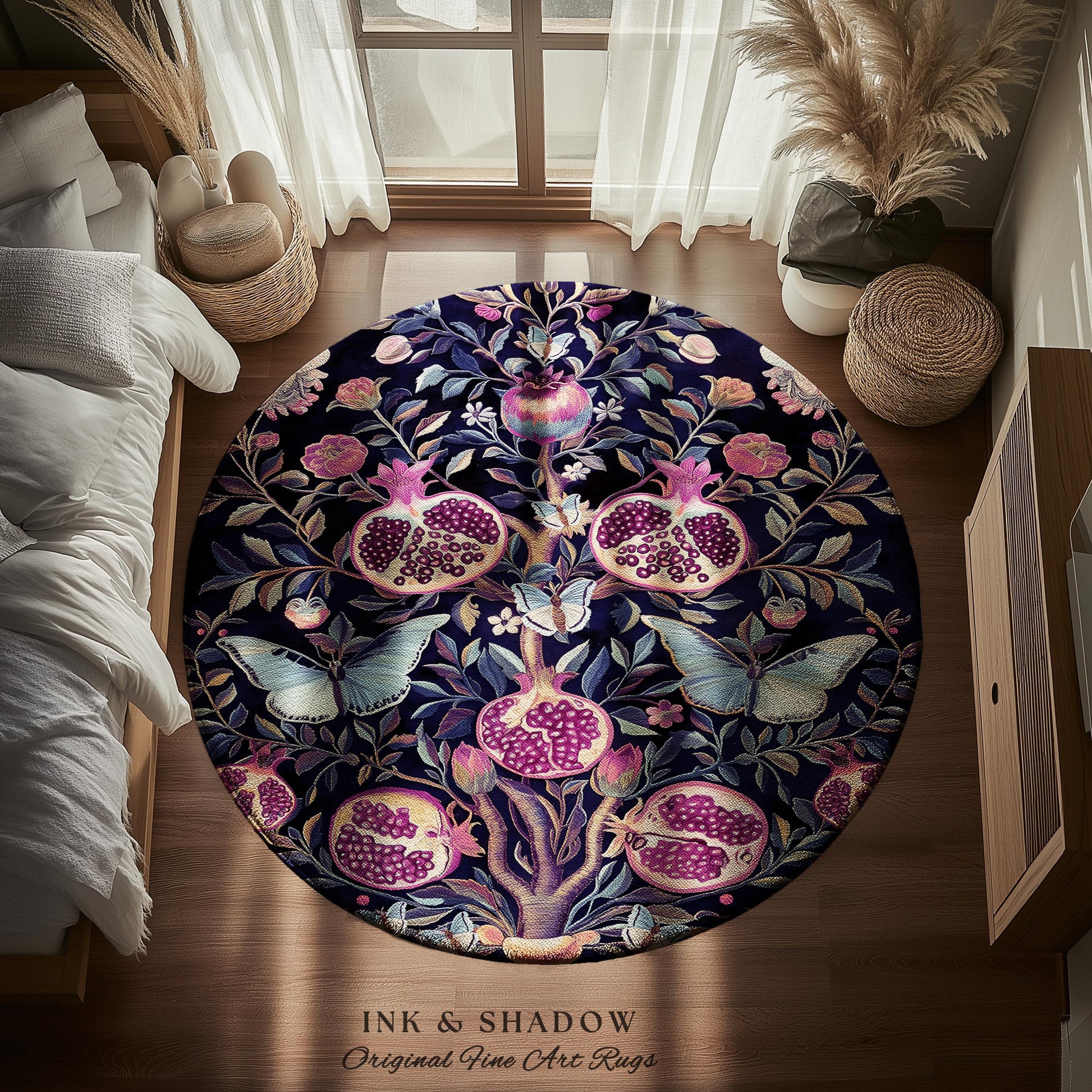 Whimsical Pomegranate Butterfly Rug Enchanted Woodland Victorian Gothic | Dark Academia Vintage Fairycore Botanical Art Ethereal Home Decor