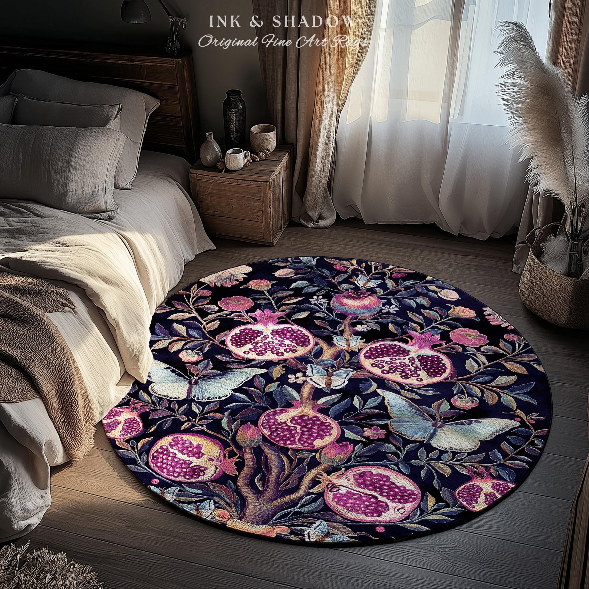 Whimsical Pomegranate Butterfly Rug Enchanted Woodland Victorian Gothic | Dark Academia Vintage Fairycore Botanical Art Ethereal Home Decor