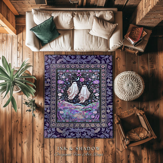 Cosmic Purple Ghost Landscape Rug | Ethereal Landscape Whimsical Accent Rug Cottagecore Halloween Bedroom Fairycore Aesthetic Floral Decor |