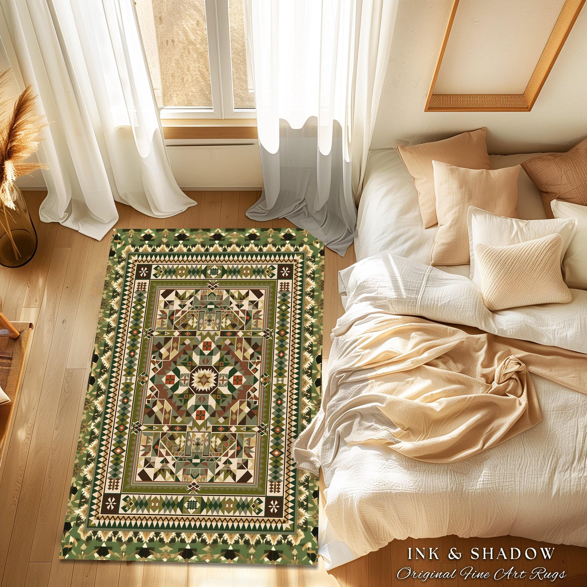 Rustic Geometric Green Rug | Midcentury Home Accent Ornate Victorian Rug with Forest Green Detail Bohemian Aesthetic for Cozy Guest Bedroom