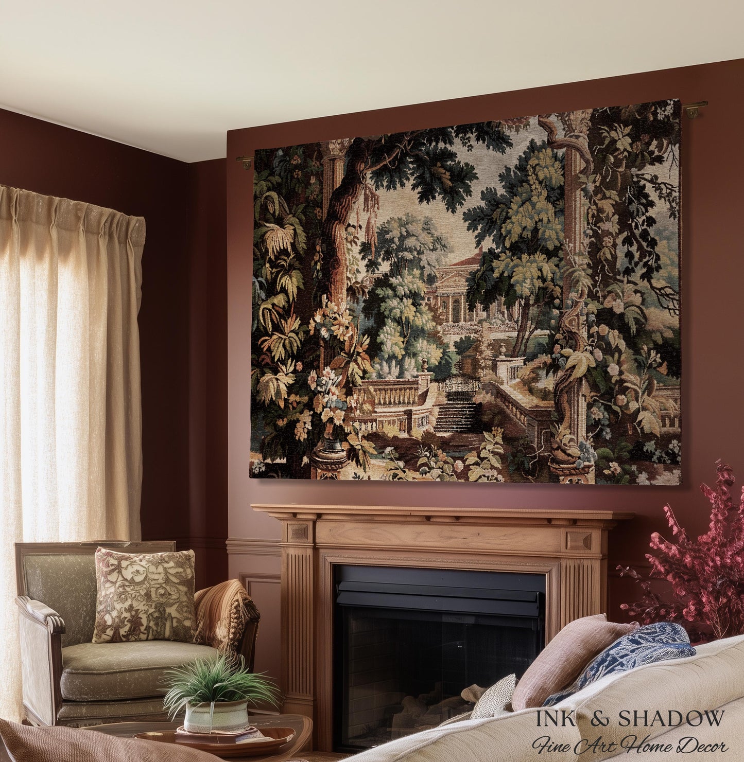 Neoclassical Estate Old World Tapestry | European Garden Formal Wall Art Lush Manor Woven Throw Blanket Italian Landscape Verdure Scenery