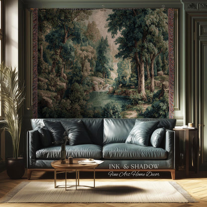 Emerald Lagoon Verdant Woven Wall Tapestry | Vintage Nature Blanket European Woodland Textile Romantic Greenery Dreamy Teal Forest Artwork