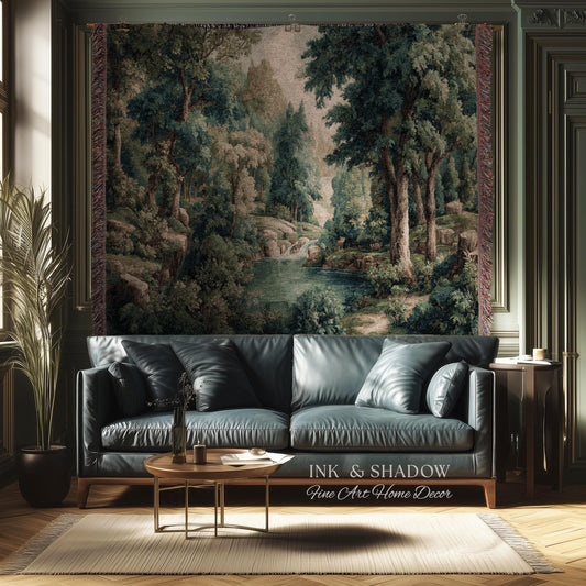 Emerald Lagoon Verdant Woven Wall Tapestry | Vintage Nature Blanket European Woodland Textile Romantic Greenery Dreamy Teal Forest Artwork