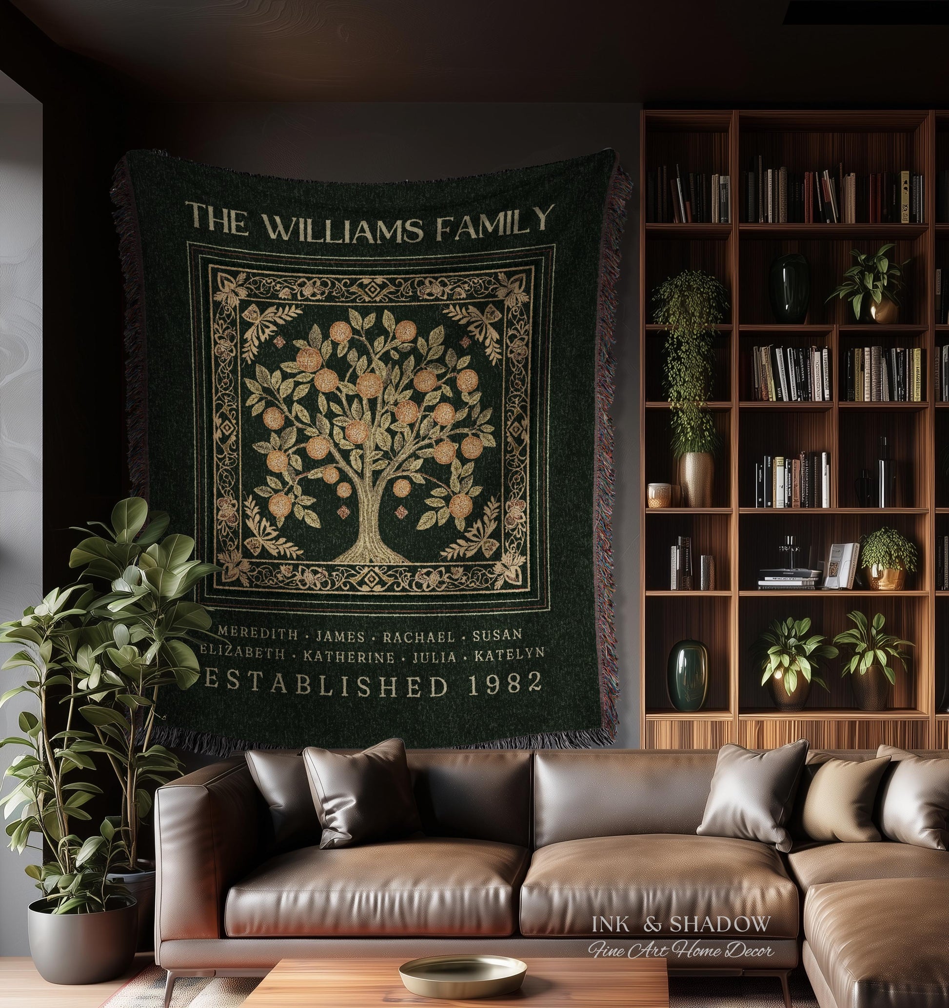 Forest Green Family Tree Personalized Blanket, Customized Heritage Tapestry Custom Gift for Grandma Sentimental for Grandparents Family Name