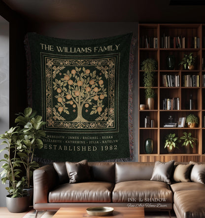 Forest Green Family Tree Personalized Blanket, Customized Heritage Tapestry Custom Gift for Grandma Sentimental for Grandparents Family Name