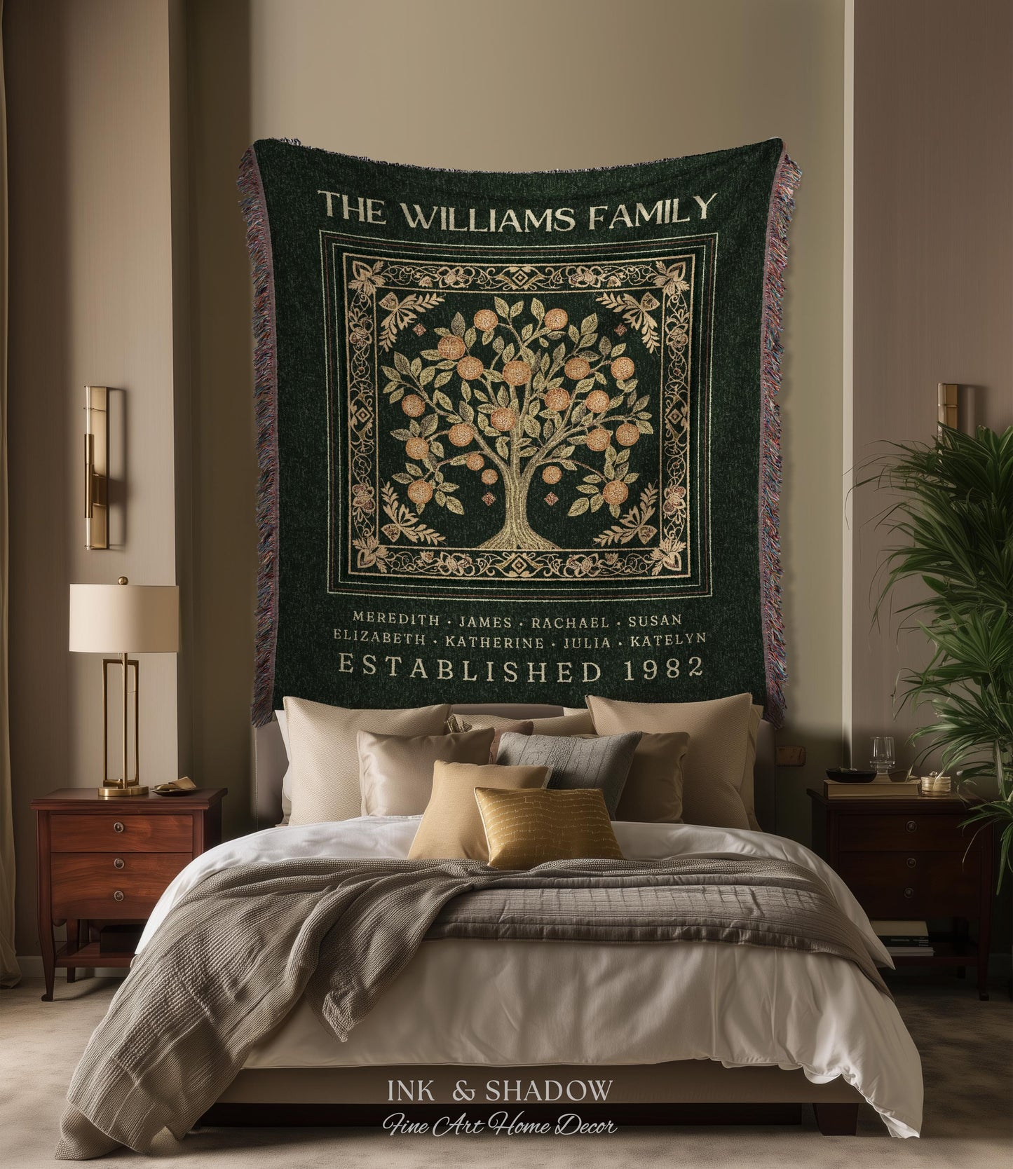 Forest Green Family Tree Personalized Blanket, Customized Heritage Tapestry Custom Gift for Grandma Sentimental for Grandparents Family Name