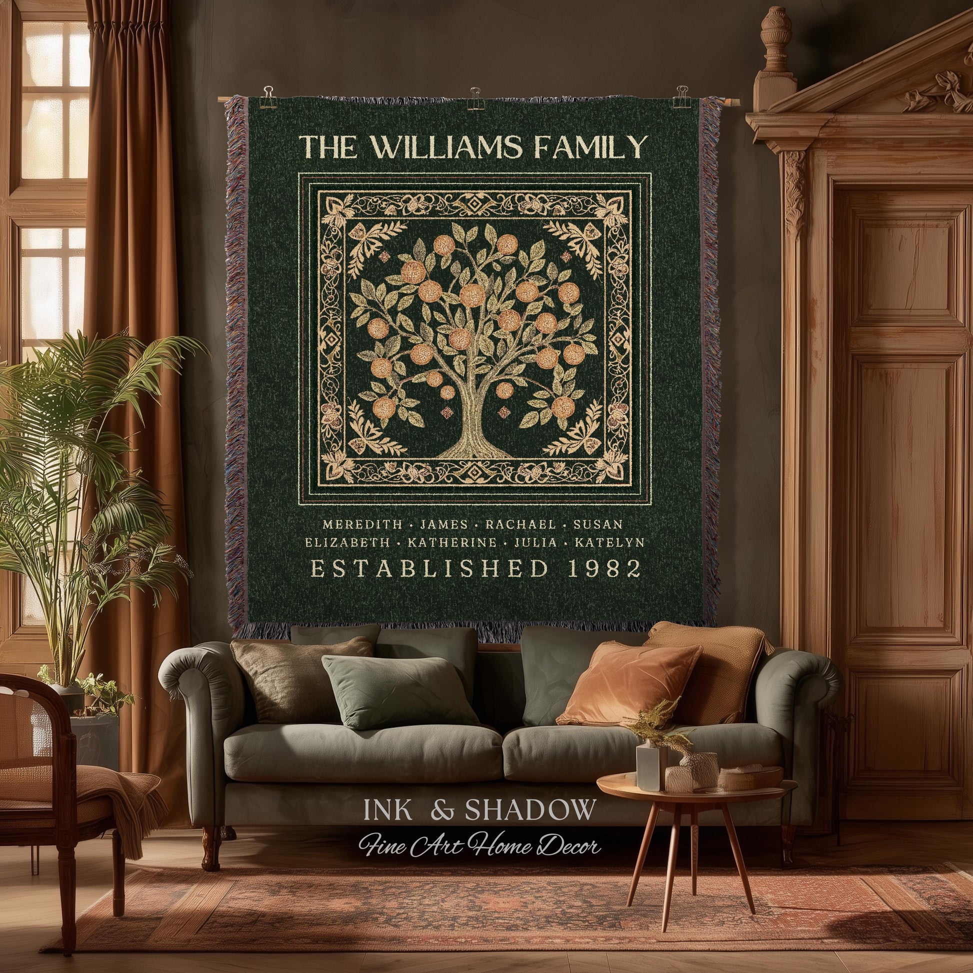 Forest Green Family Tree Personalized Blanket, Customized Heritage Tapestry Custom Gift for Grandma Sentimental for Grandparents Family Name