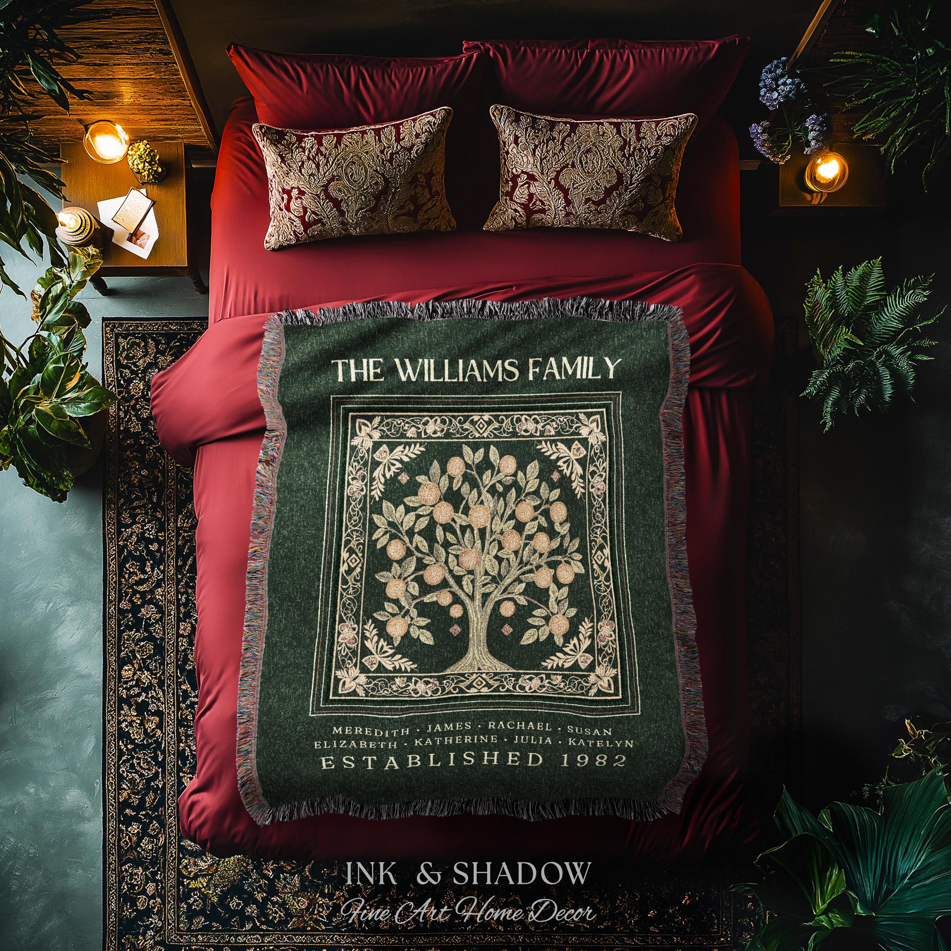 Forest Green Family Tree Personalized Blanket, Customized Heritage Tapestry Custom Gift for Grandma Sentimental for Grandparents Family Name