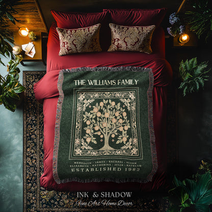 Forest Green Family Tree Personalized Blanket, Customized Heritage Tapestry Custom Gift for Grandma Sentimental for Grandparents Family Name