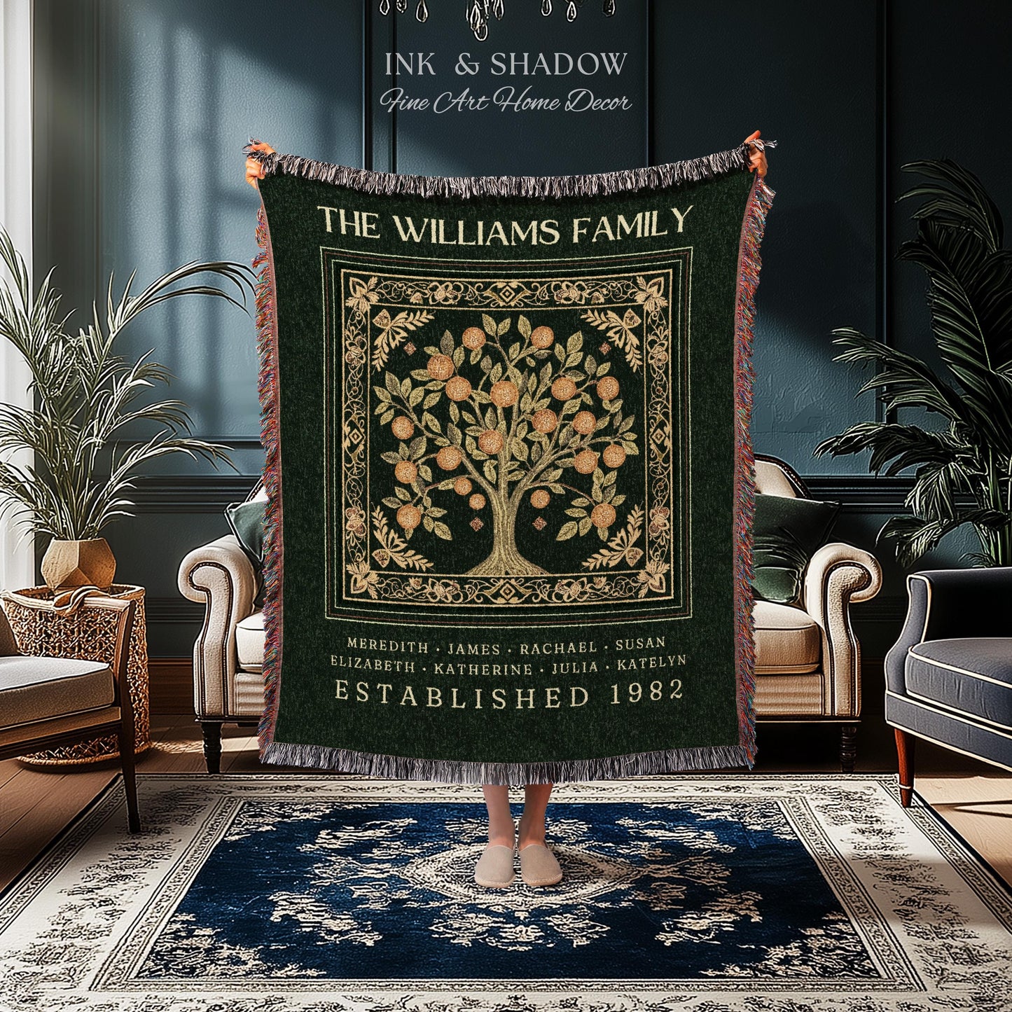 Forest Green Family Tree Personalized Blanket, Customized Heritage Tapestry Custom Gift for Grandma Sentimental for Grandparents Family Name