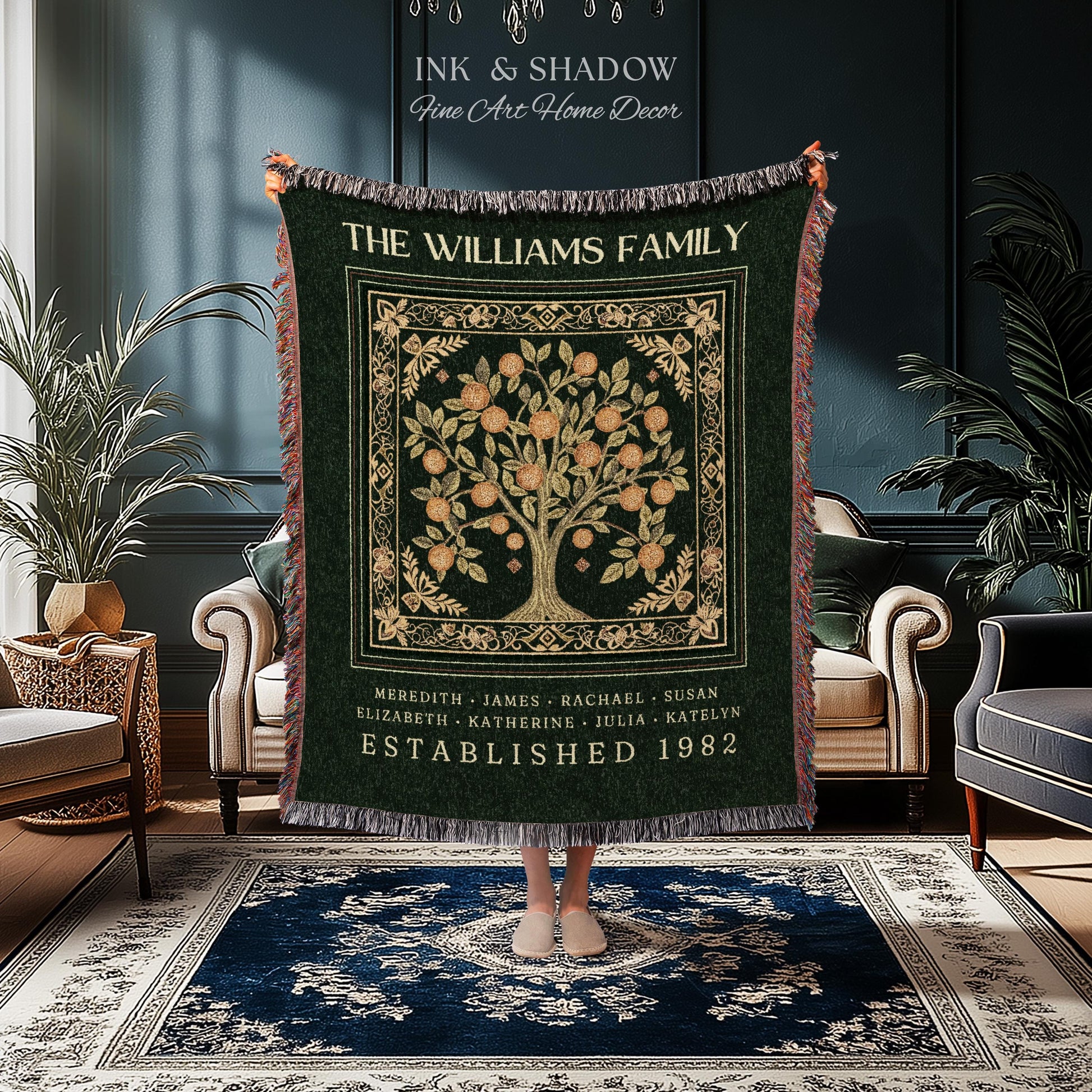 Forest Green Family Tree Personalized Blanket, Customized Heritage Tapestry Custom Gift for Grandma Sentimental for Grandparents Family Name