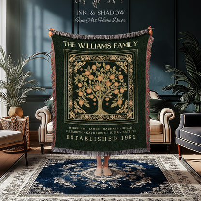 Forest Green Family Tree Personalized Blanket, Customized Heritage Tapestry Custom Gift for Grandma Sentimental for Grandparents Family Name
